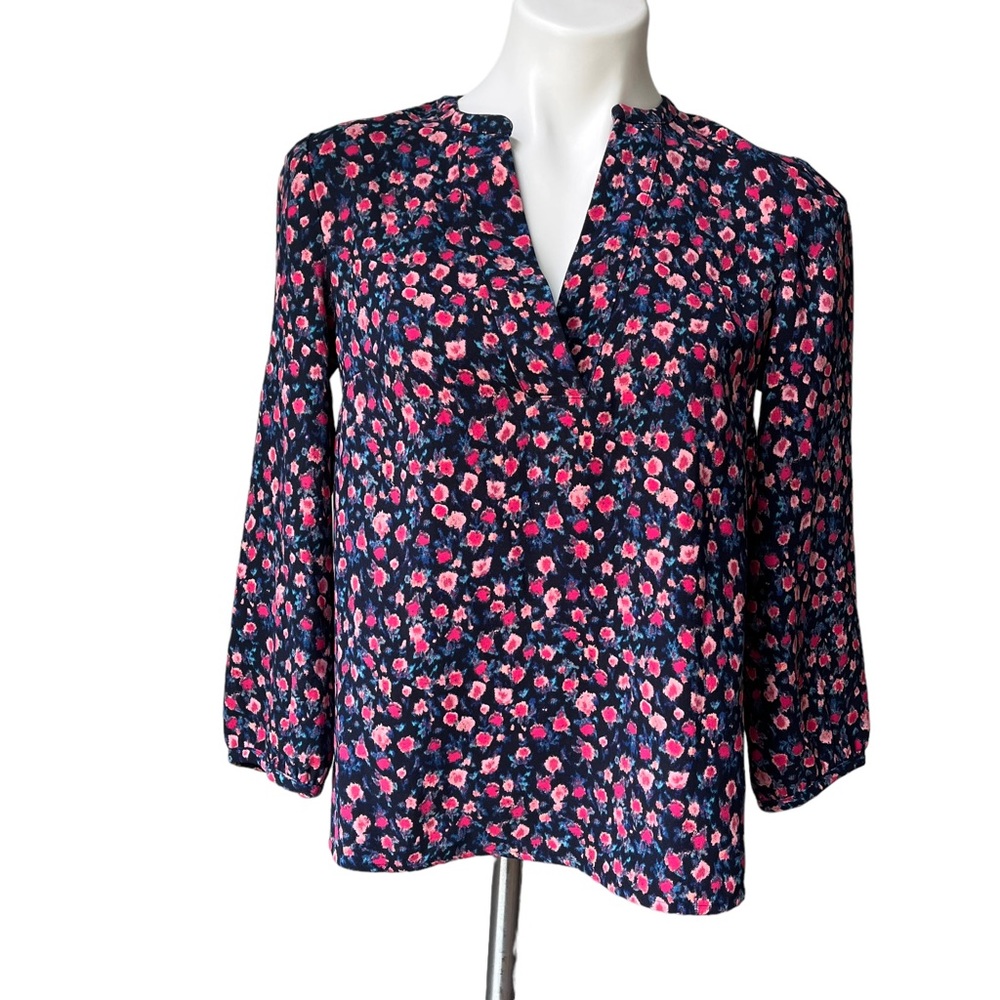J. Crew Open V-Neck Top Dotted Floral Small Blue Pink Crepe Long Sleeve, Sz XS - Picture 5 of 13